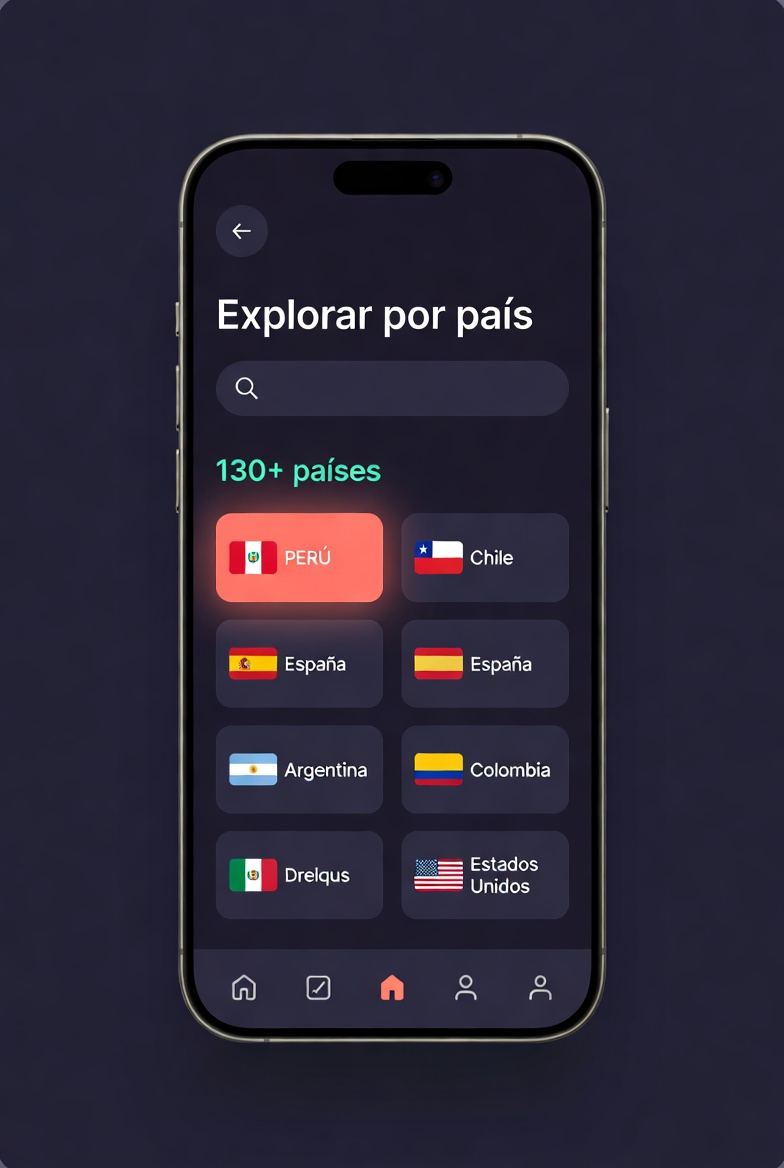 Explorar canales por país con banderas de Perú, Chile, España y más